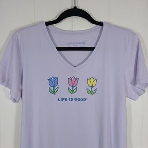 Life Is Good T-Shirt Crusher Tee Flowers Women's Medium Cotton Lavender SS